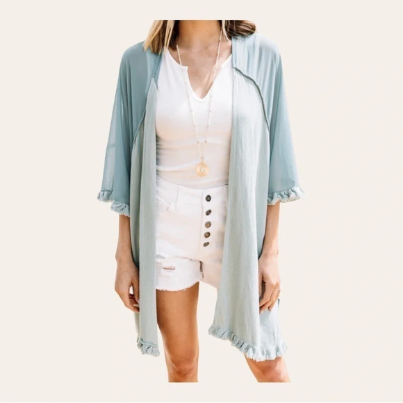 1182. Umgee LINEN BLEND KIMONO SHORT SLEEVES FRAY HEMS SIZE SMALL/MEDIUM GREEN - Picture 4 of 13